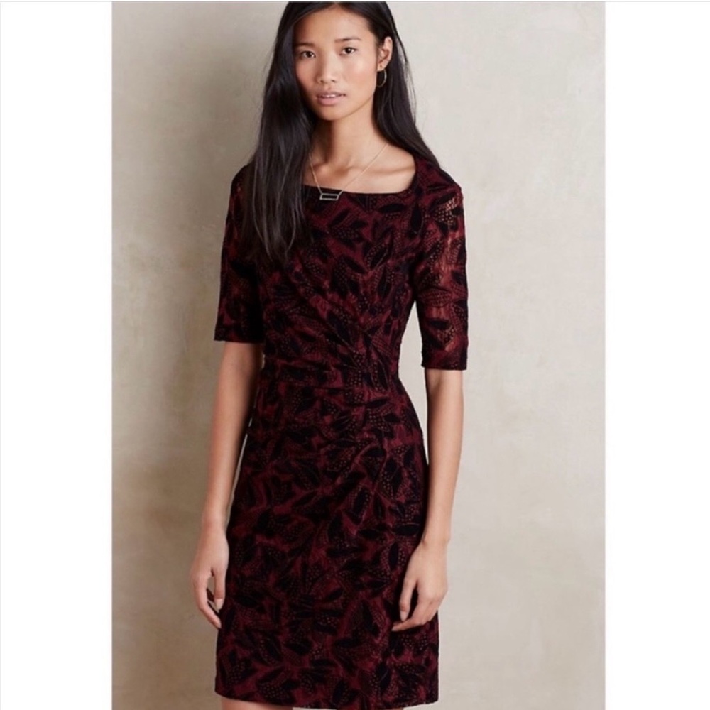 Maeve Elorn Lace Burgundy Black Ruched Dress Anthropologie Cocktail Party 2